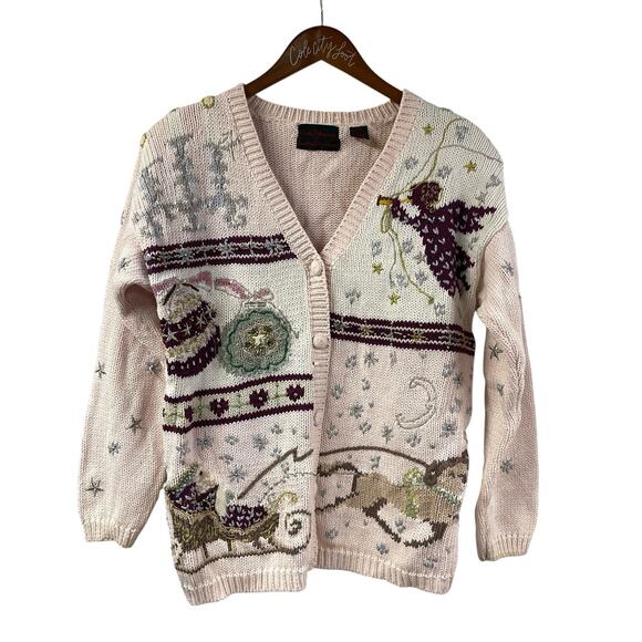 Not So Ugly Christmas Sweater Knitted Pastel Cardigan Santa Sleigh Horse Angel - Picture 1 of 13